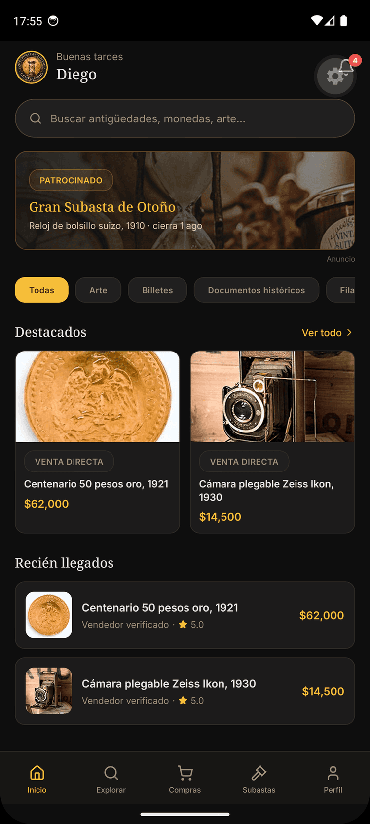Pantalla de inicio de la app Centenario, con subasta destacada y piezas en venta